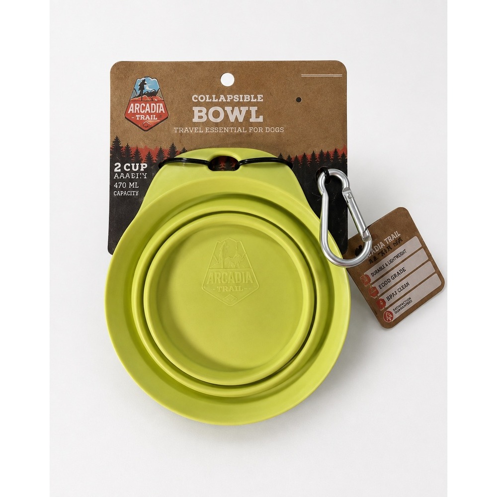 Arcadia Trail Collapsible Dog Bowl 2 Cup 16 oz Lime Green Carabiner New